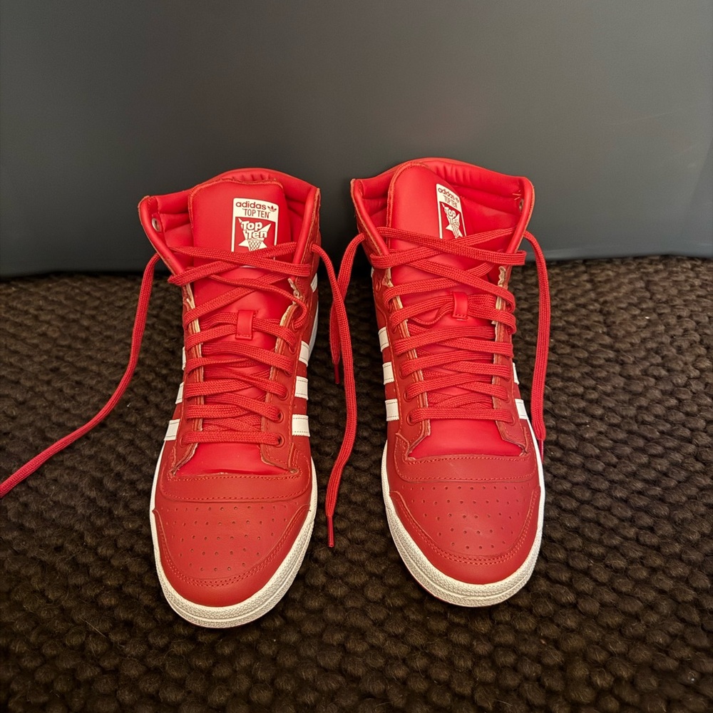 Adidas Red and White High-Top Sneakers